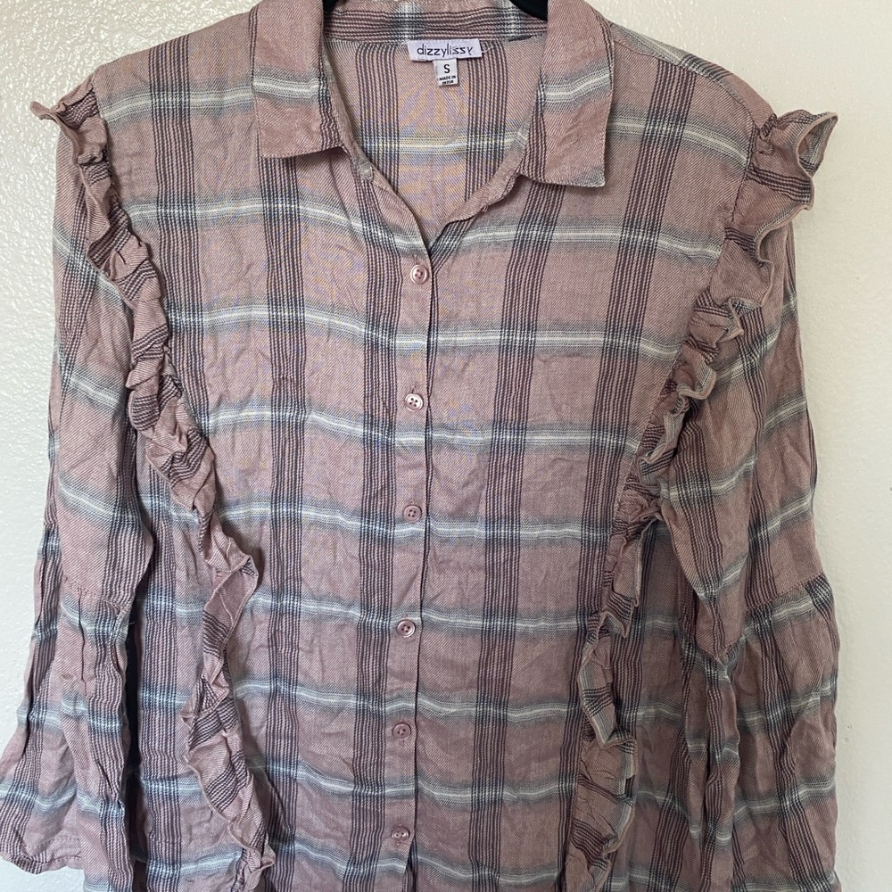 Pink and Gray Puff Sleeve Ruffled Button Down Shirt